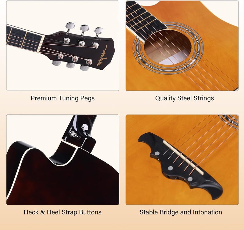 ADM 38" Inch Acoustic Guitar Bundle for Beginners Adults with Online Lesson, Cutaway Wood Acustica Guitarra Starter Set Package with Gig Bag, Strap, Steel Strings, Picks, Capos, Stand, Yellow - Image 4